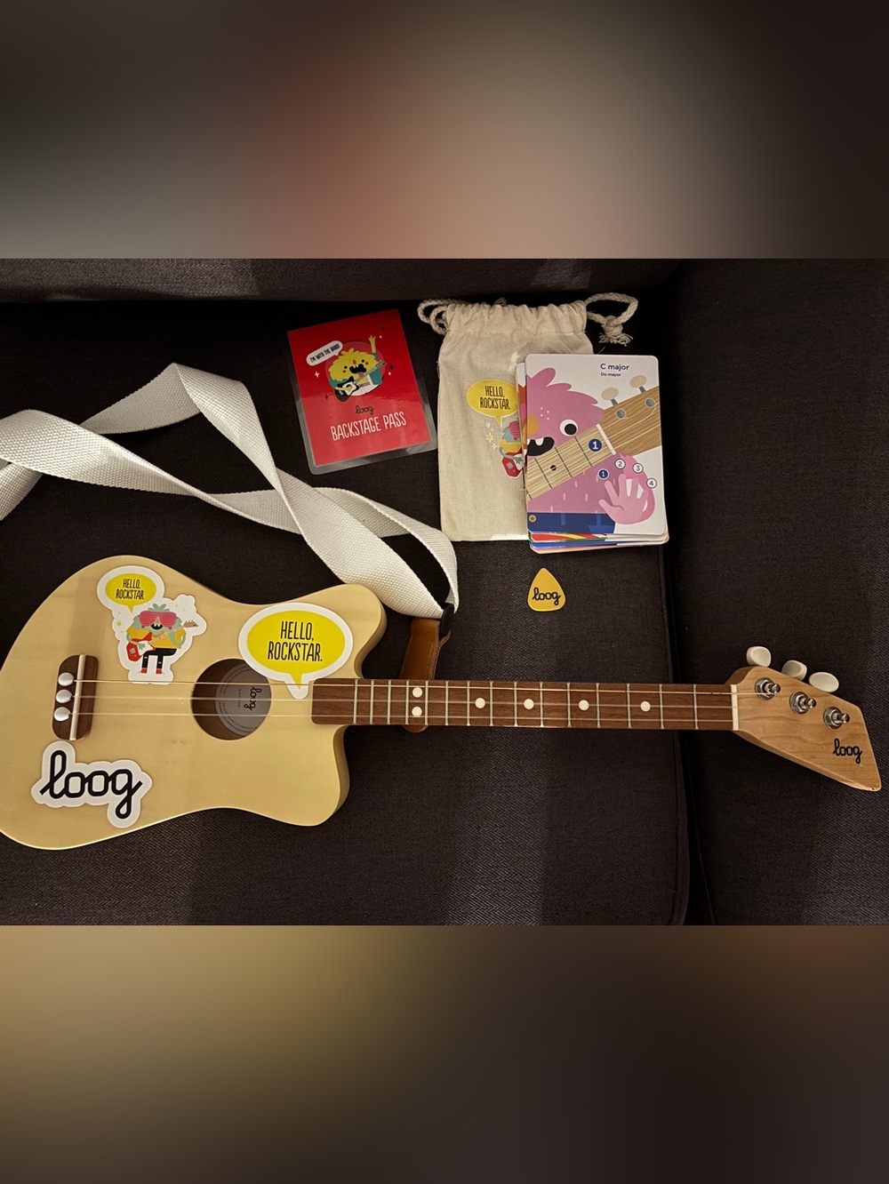 Kids guitar loog mini with 'Hello, Rockstar' Sticker